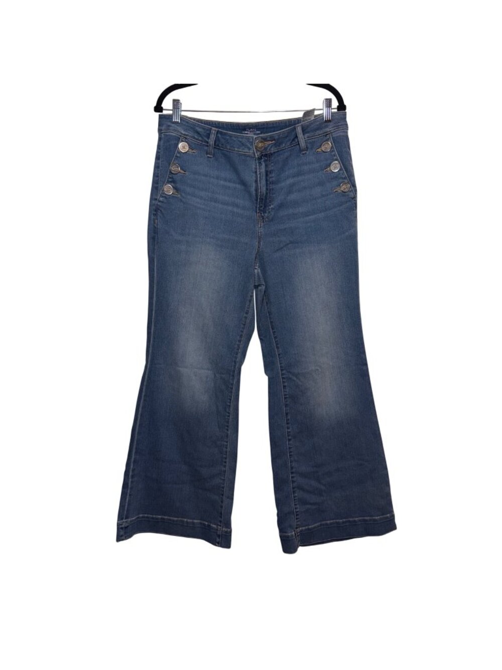 Chicos Flare Denim Jeans Side Button Detail Size 12R Blue Wash Flap Back Pockets